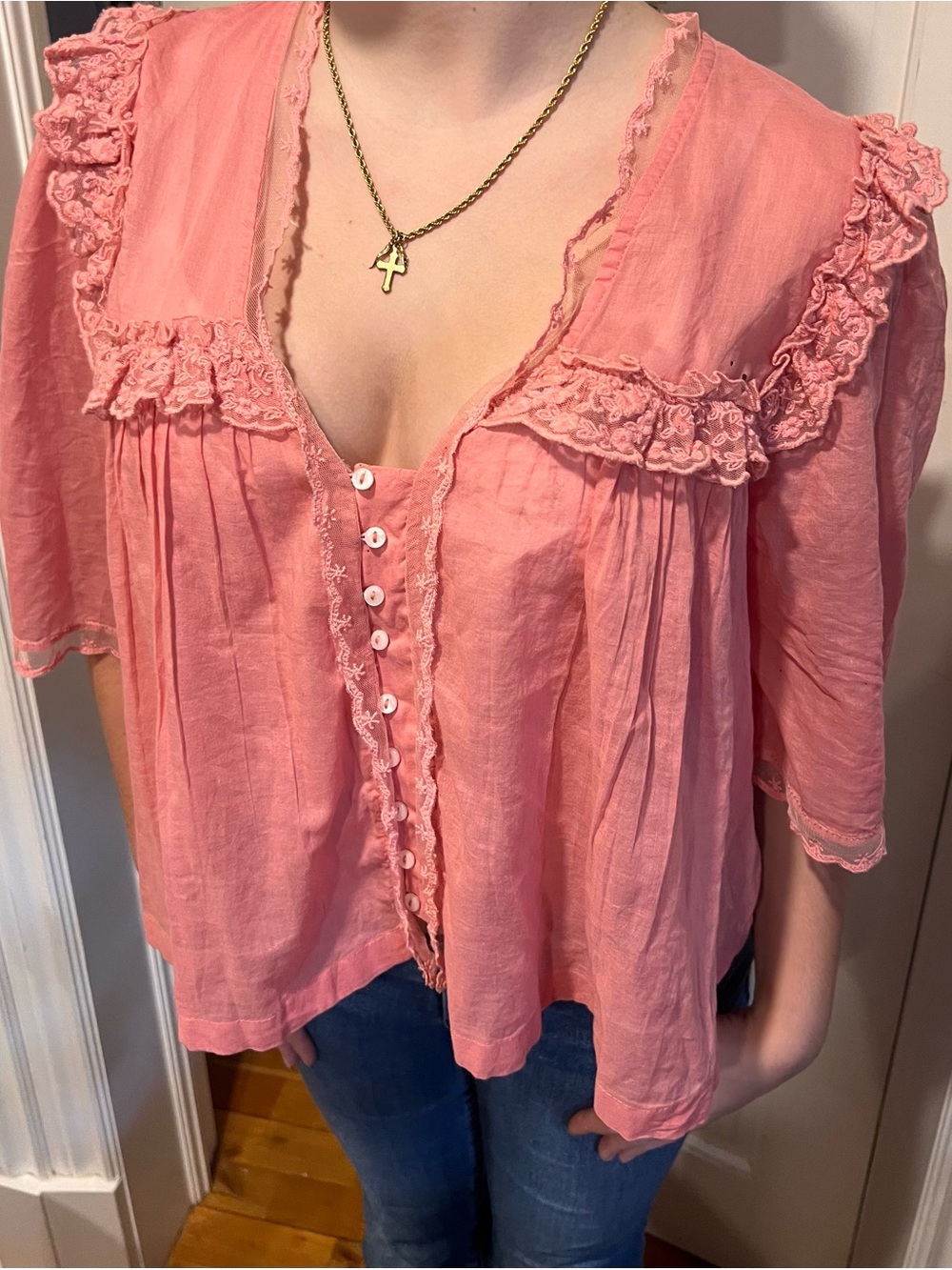 Free People Pink Ruffle-Trim Button Front Blouse